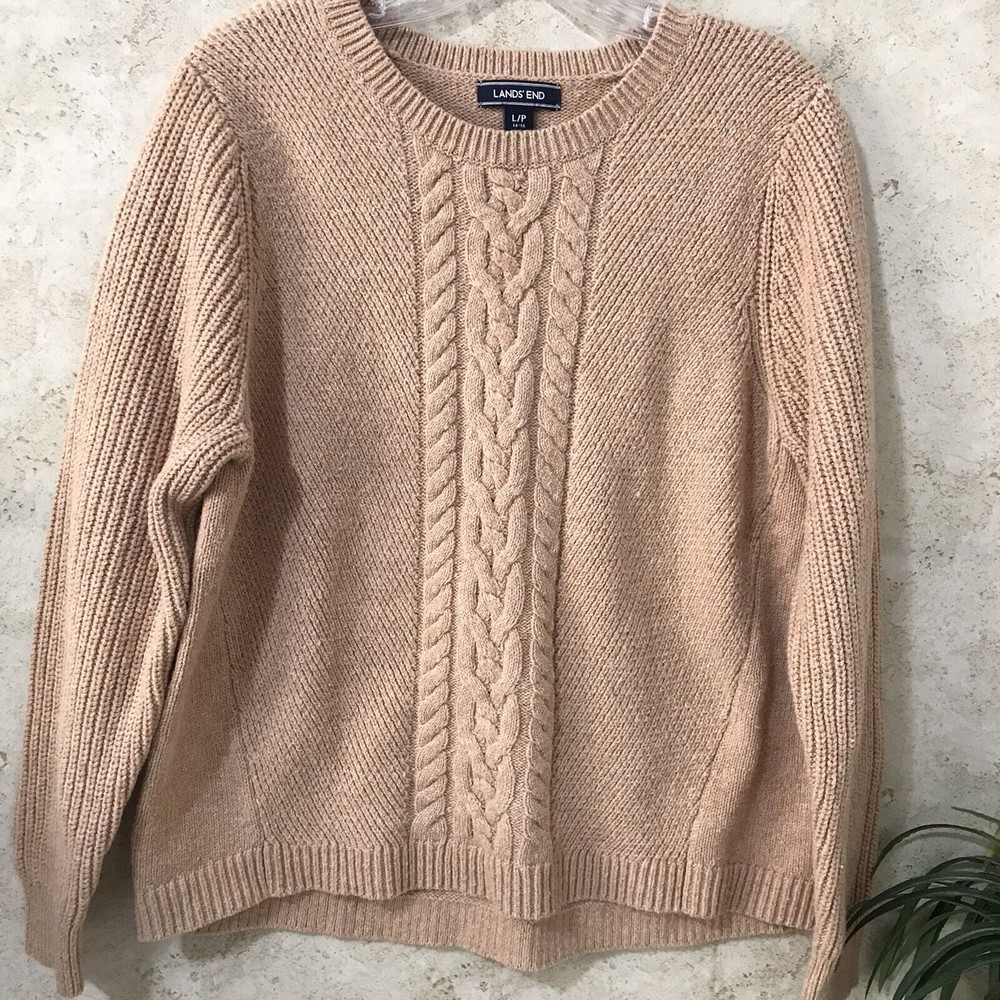 Lands' End Cable Knit Sweater Womens Size Large Tan Pullover Long Sleeve Ladies
